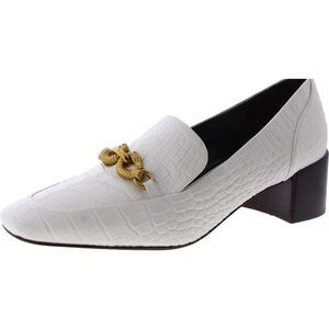 Tory Burch Womens Jessa White Leather Slip On Dressy Loafer Heels Shoes New